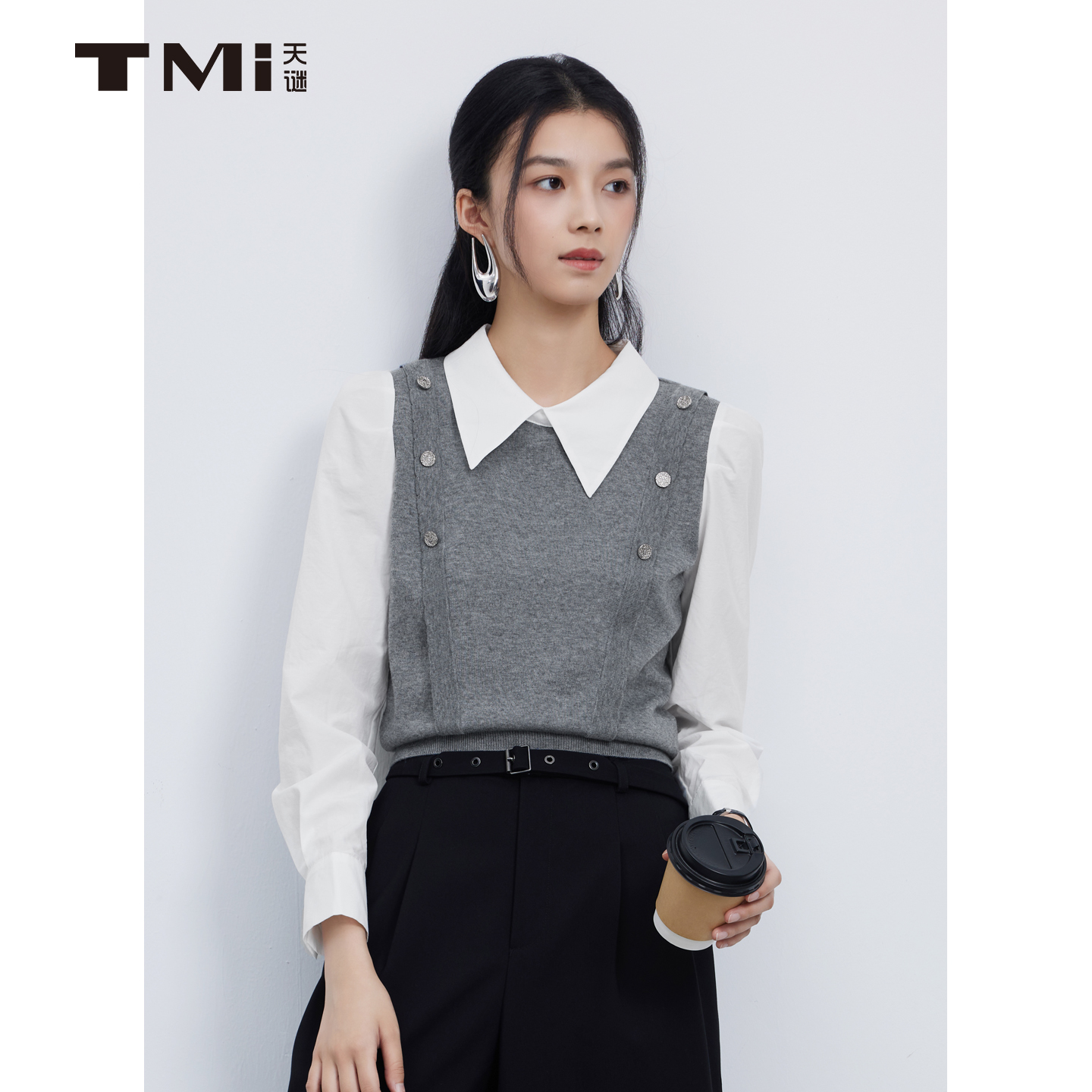 天谜时尚假两件翻领长袖衬衫