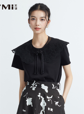 天谜国风云肩T恤衫黑色百搭中式小衫上衣2025夏季女装TMi252041