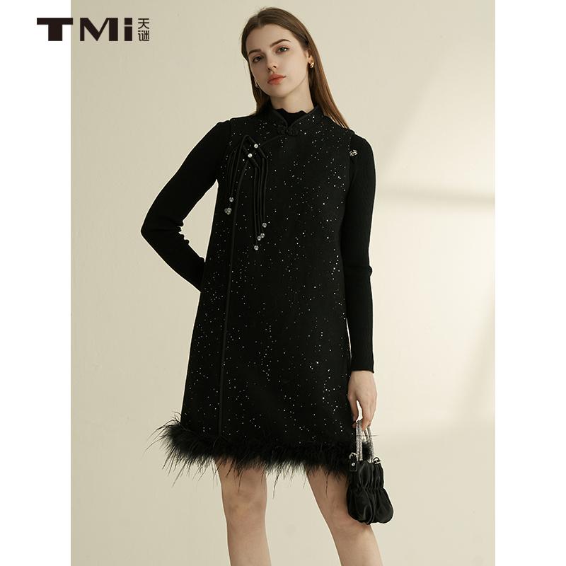 新中式羽毛亮片无袖连衣裙