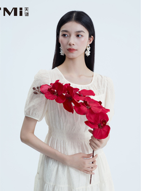 天谜优雅盐缩连衣裙圆领白色纯洁仙女裙气质裙2025夏季TMi252104