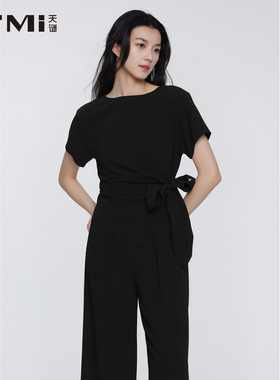 天谜韩版不规则套装圆领黑色通勤上下装2025夏季女装TMi252189
