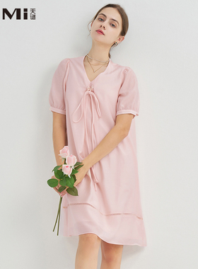 天谜连衣裙盘扣系带中式纯色中长裙2023夏季女装TMi232202