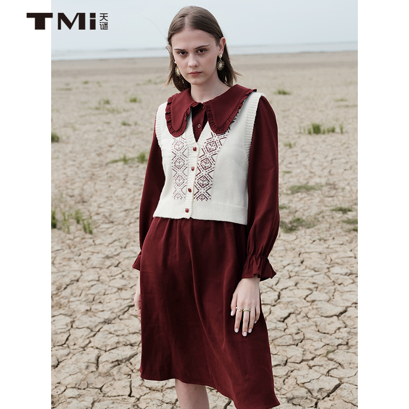 天谜复古针织连衣裙两件套