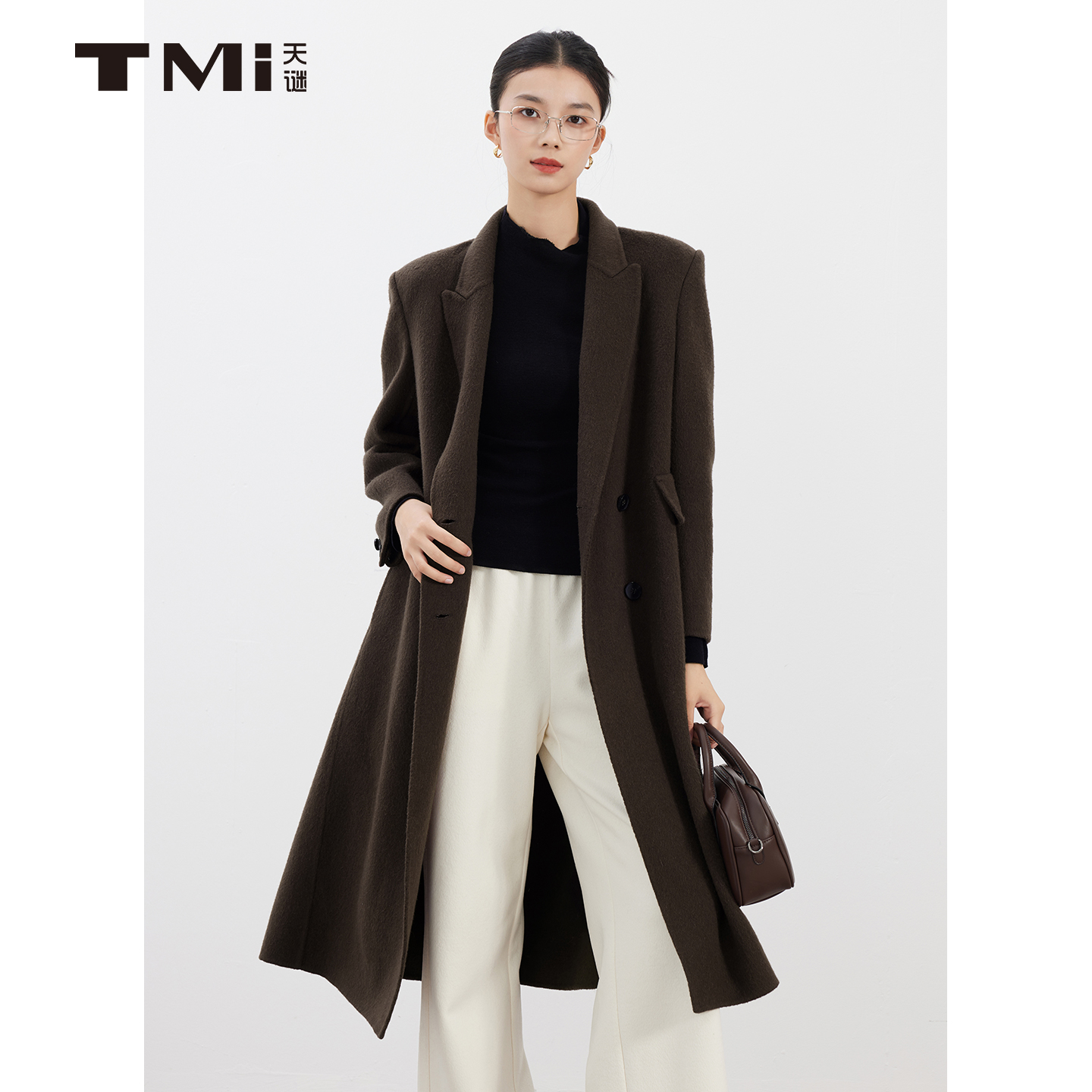 天谜翻领羊毛复古优雅中长款大衣