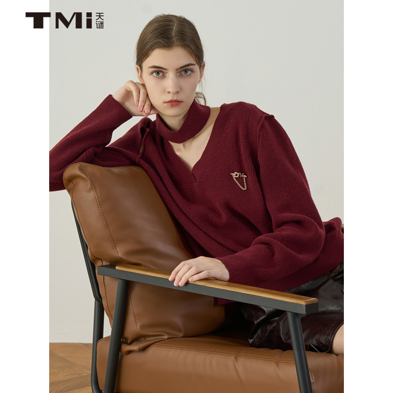 天谜V领套头复古色毛衣