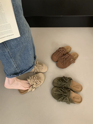 Нишевые полутапочки из натуральной кожи в стиле ретро в литературном стиле с кисточками и носком для женщин, которые можно носить как верхнюю одежду, уродливые туфли Birkenstock на одной ноге на толстой подошве