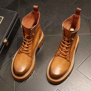 英伦风复古高帮靴子厚底工装 男鞋 大黄靴男 新款 真皮马丁靴2026春季