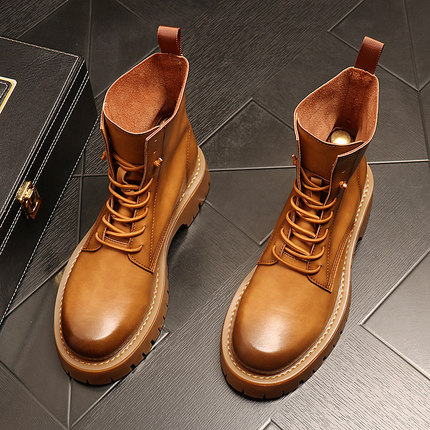 真皮马丁靴秋冬季加绒保暖棉男鞋英伦风高帮靴子厚底工装大黄靴男