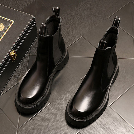 切尔西靴男冬季加绒保暖棉靴英伦风真皮套脚短靴子全黑高帮马丁靴