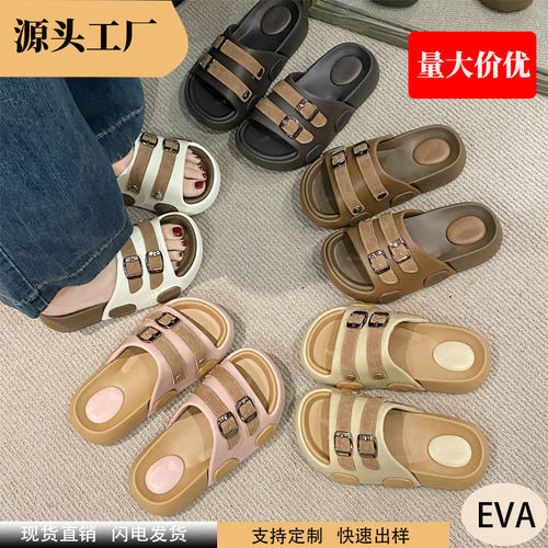 双带搭扣一字女拖休闲百搭居家外出防滑厚底EVA橡塑跨境舒适百搭