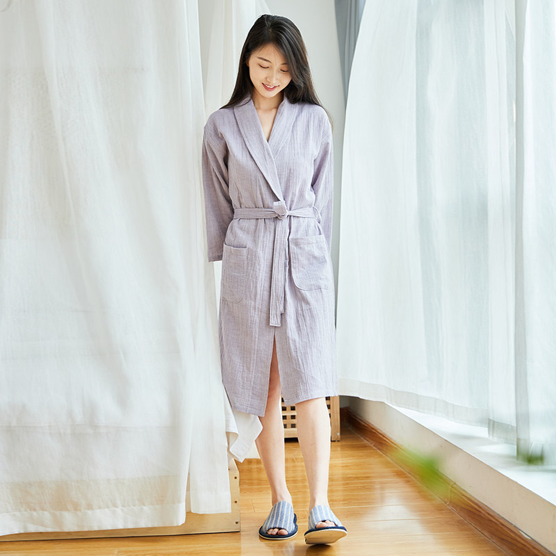 纯棉双层纱布浴袍春夏季薄款睡袍柔软家居服男女情侣和服灰色浴衣