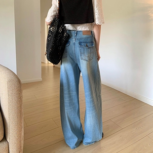 BEKISS贝斯7803阔腿牛仔裤女2026早春新款直筒裤宽松解构风拖地裤