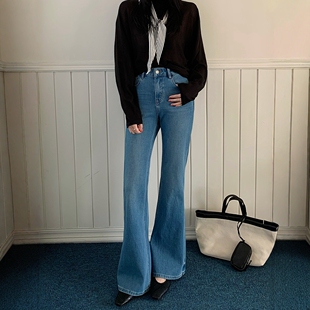 BEKISS贝斯7817微喇牛仔裤女春季新款喇叭裤高腰修身显瘦拖地裤子