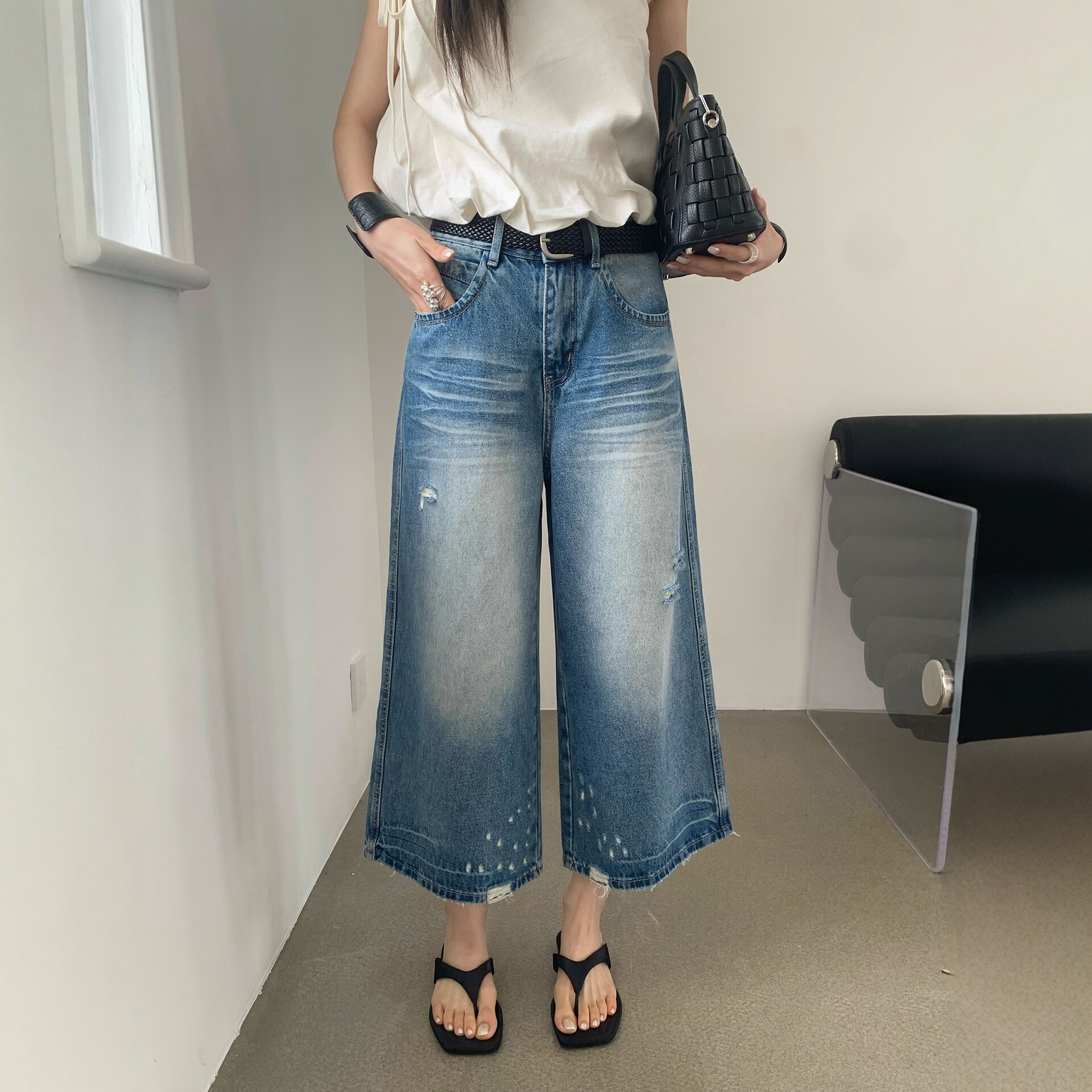 BEKISS贝斯7966阔腿牛仔裤女夏季新款直筒裤宽松磨破小个子七分裤
