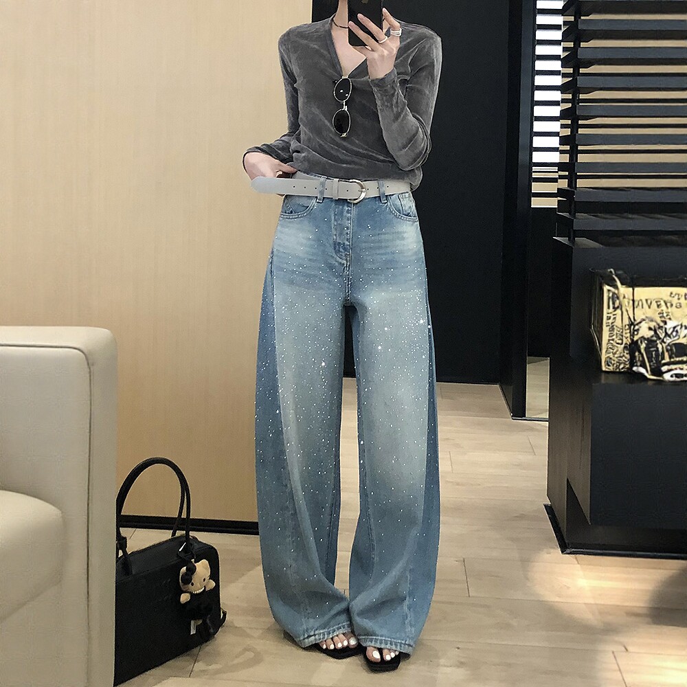 BEKISS贝斯7830阔腿牛仔裤女春季新款宽松满天星烫钻蓝色弯刀裤子