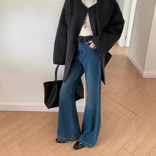 BEKISS贝斯7739加绒直筒喇叭牛仔裤女冬新款微喇裤毛边加厚拖地裤