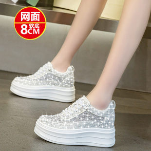 镂空透气水钻小白鞋女夏季配裙子运动休闲内增高薄款网鞋