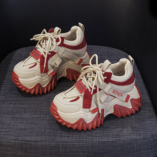 2026新款时尚水钻厚底老爹鞋女爆款运动休闲真皮内增高小白鞋8cm