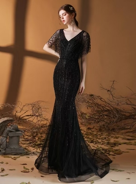 深圳出租黑色晚礼服女新款高级感宴会气质主持人鱼尾裙高贵优雅