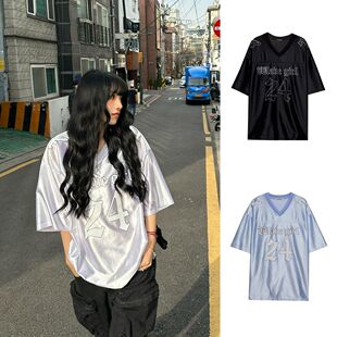 美式复古街头运动短袖T恤男女夏季宽松休闲男友风V领透气球衣体恤