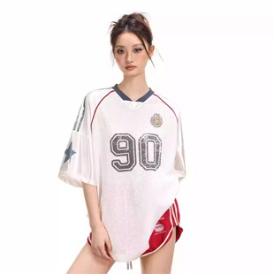 美式街头网眼透气橄榄球球衣男女款夏季运动风宽松情侣V领短袖T恤