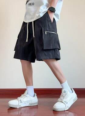 男士米色工装裤男夏季短裤男款2026新款休闲扎染裤子宽松五分裤男