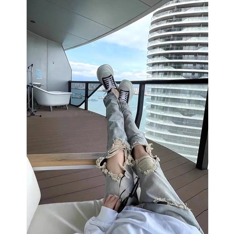 破洞牛仔裤男女春秋季美式复古高街hiphop休闲宽松开叉直筒长裤子