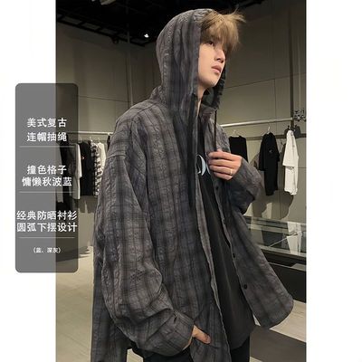 连帽格子衬衫男款夏季户外轻薄防晒衬衣复古宽松休闲长袖外套上衣