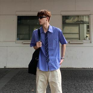 蓝色假两件领带格子短袖衬衫男款夏季高级感痞帅衬衣外套