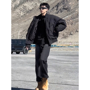 美式廓形黑色短款飞行夹克棉服男冬季加厚立领棒球服工装棉衣外套