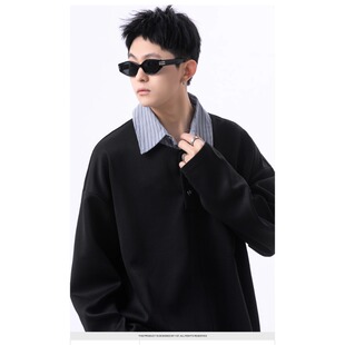 假两件衬衫领条纹卫衣男女款春季cleanfit外套潮牌高级感黑色上衣