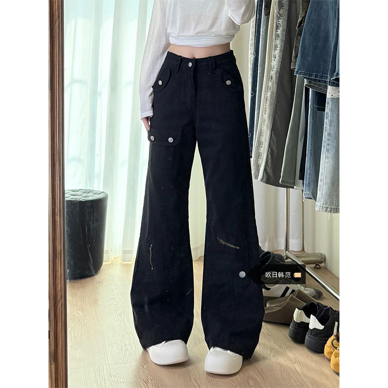 黑色牛仔裤男女春秋季新款美式高街vibe裤子显瘦修身直筒马蹄裤潮