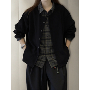 秋季老钱风格子拼接衬衣假两件开衫毛衣男女同款美式复古休闲外套