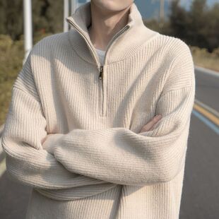 半拉链翻领纯色毛衣男慵懒风春季韩版休闲复古宽松百搭套头针织衫