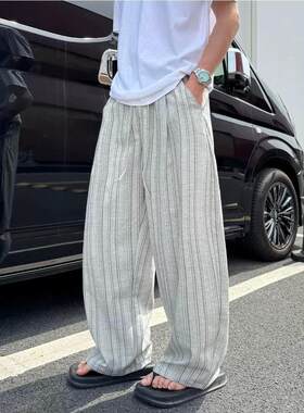 老钱风褶皱竖条纹垂感休闲裤男春季新款韩版潮流宽松高级阔腿裤子