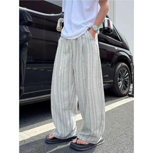 老钱风褶皱竖条纹垂感休闲裤男春季新款韩版潮流宽松高级阔腿裤子