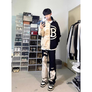 美式vibe高街黑白撞色拼接破坏牛仔裤男秋季设计感裤子显瘦直筒裤