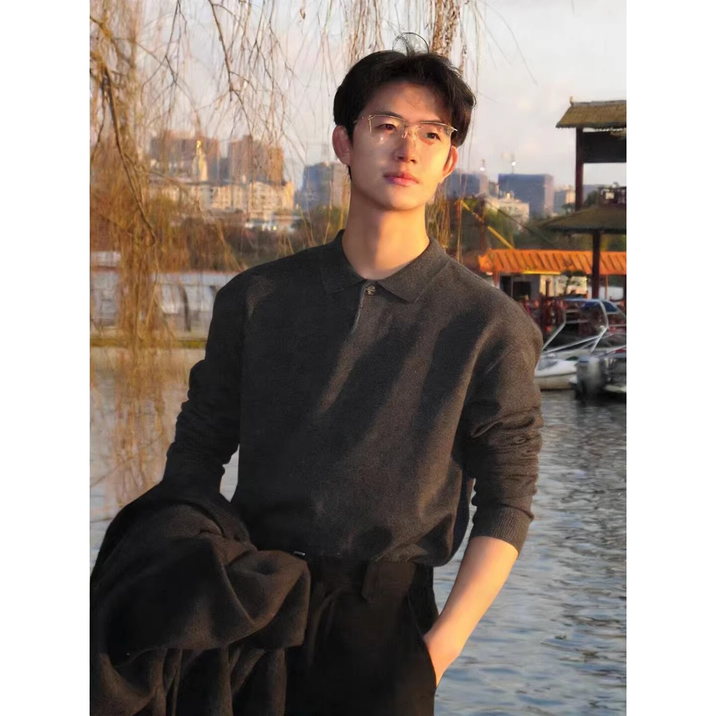 深灰色亨利衫领毛衣男冬季轻熟风polo领毛线衣修身内搭打底针织衫