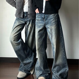 美式高街复古水洗做旧cleanfit牛仔裤男宽松直筒微喇显瘦vibe裤子
