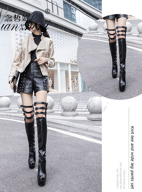 15cm黑色水晶过膝长靴17厘米超高细跟防水台漆皮搭扣圆头小码女靴