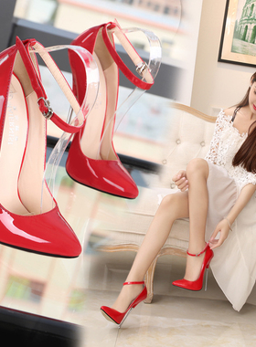 13厘米超高跟鞋细跟44大码16cm尖头性感红色床上情趣SM另类单鞋女