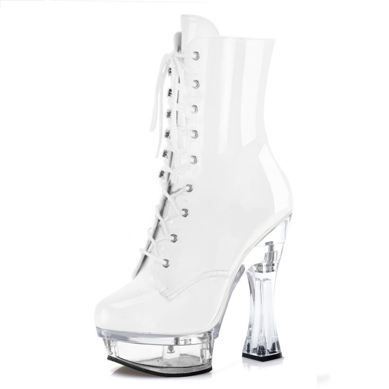 超高跟鞋14cm高水台大码粗跟闪粉亮片圆头低头短靴恨天高性感变装