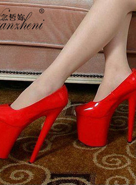 22公分恨天高细跟车展走秀红色漆皮诱惑20厘米超高跟鞋夜店单鞋女