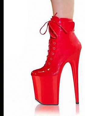 红色性感夜店钢管舞演出前系带漆皮低筒短靴20cm超高细跟防水台鞋