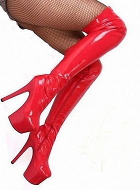 夜店情趣红色SM伪娘大码过膝长靴15cm超高跟鞋变装细跟防水台女鞋