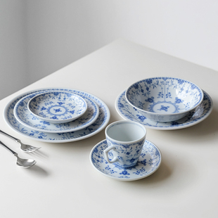 日本制Bloom青花唐草陶瓷甜点蛋糕早餐意面盘沙拉麦片碗咖啡杯