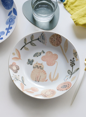 日本制Shinzi Katoh猫咪松鼠绘本风咖喱饭意面沙拉甜点深餐盘