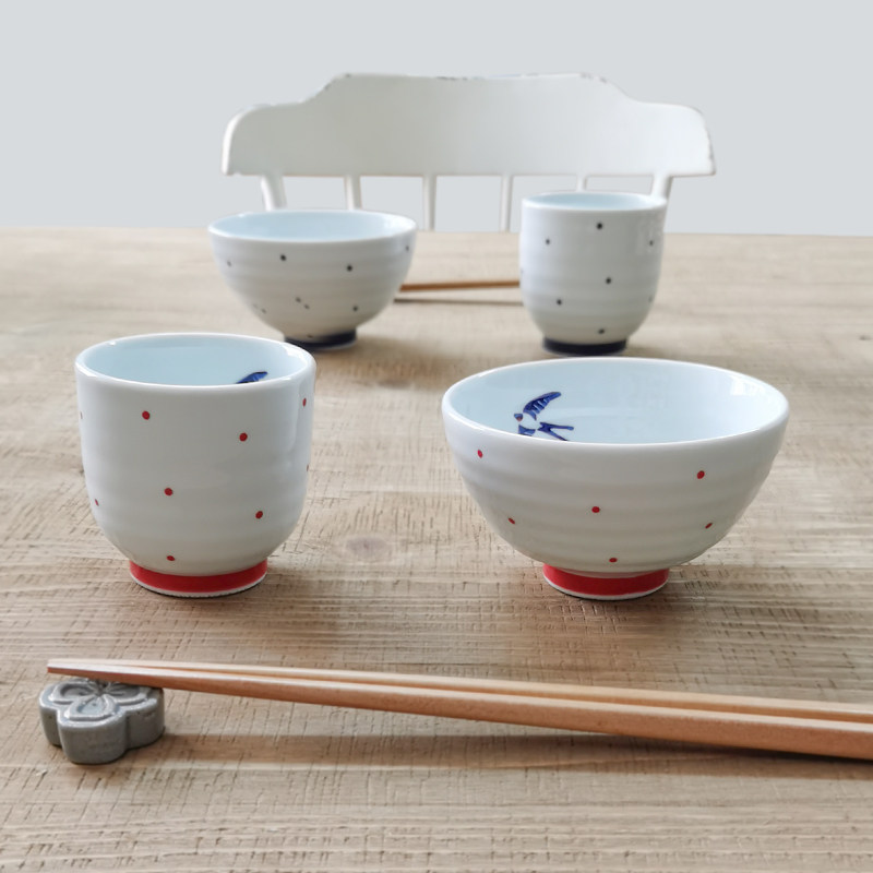 日本进口bisque田园风飞燕水玉圆形餐碗点心碗汤吞手握杯釉下彩