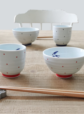 日本制Bisque田园风飞燕水玉圆形餐碗点心碗汤吞手握杯釉下彩