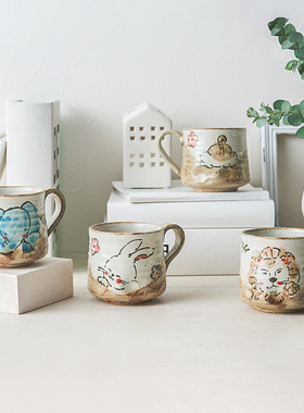 日本制Touji灶师窑复古风手绘可爱动物陶瓷马克杯红茶杯饭碗甜点